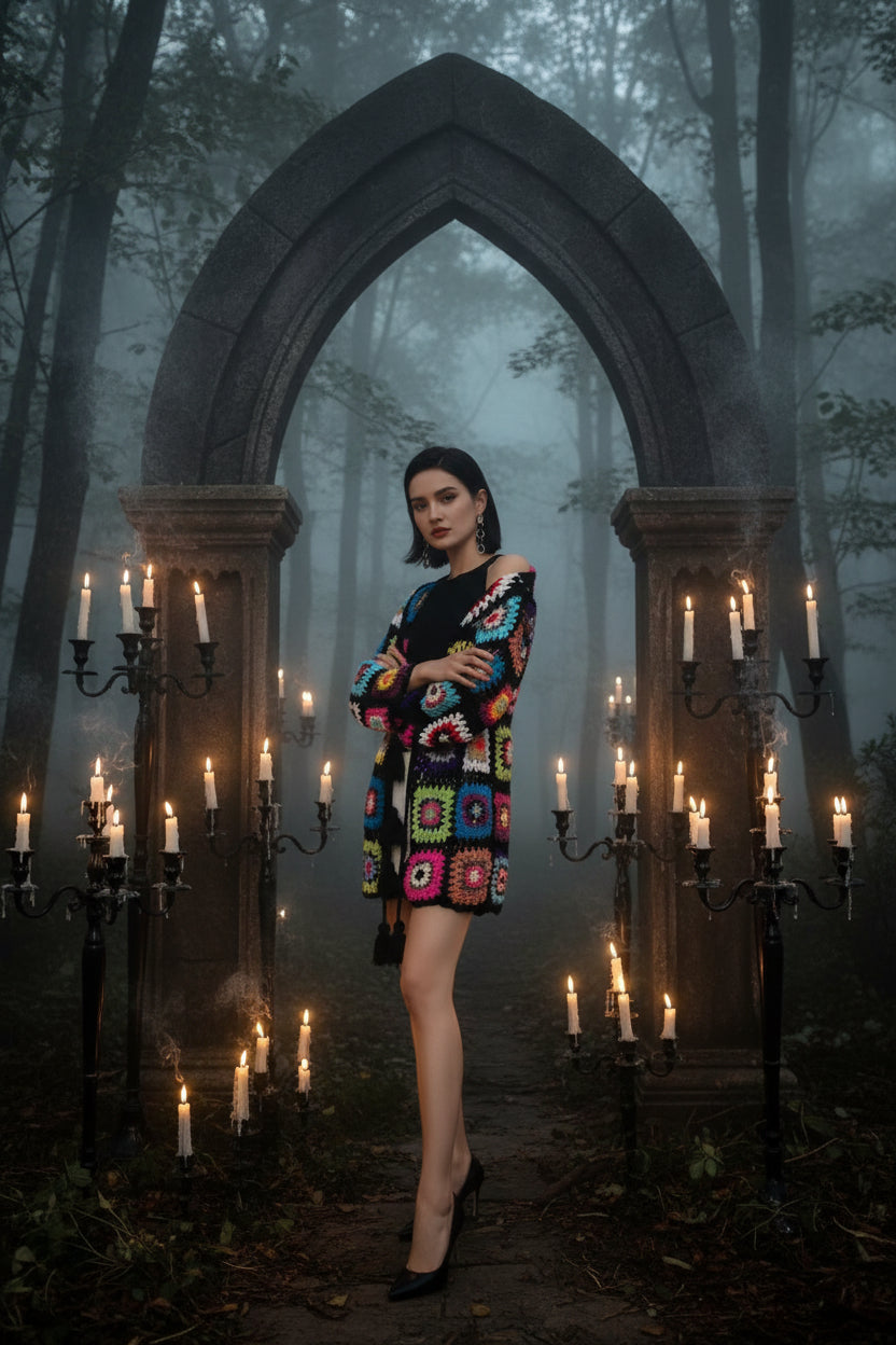 Person wearing a colorful crochet cardigan in an outdoor setting
