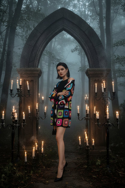 Person wearing a colorful crochet cardigan in an outdoor setting