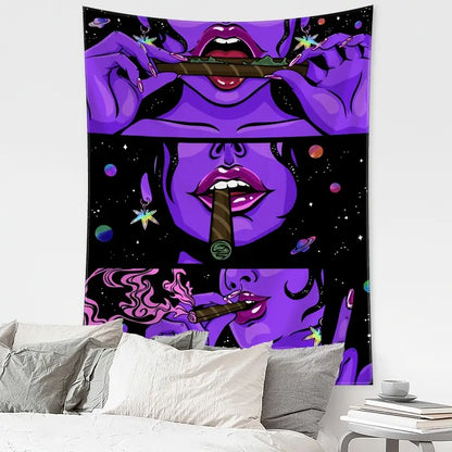Purple Smoking Girl Tapestry Wall Hanging for Decor
