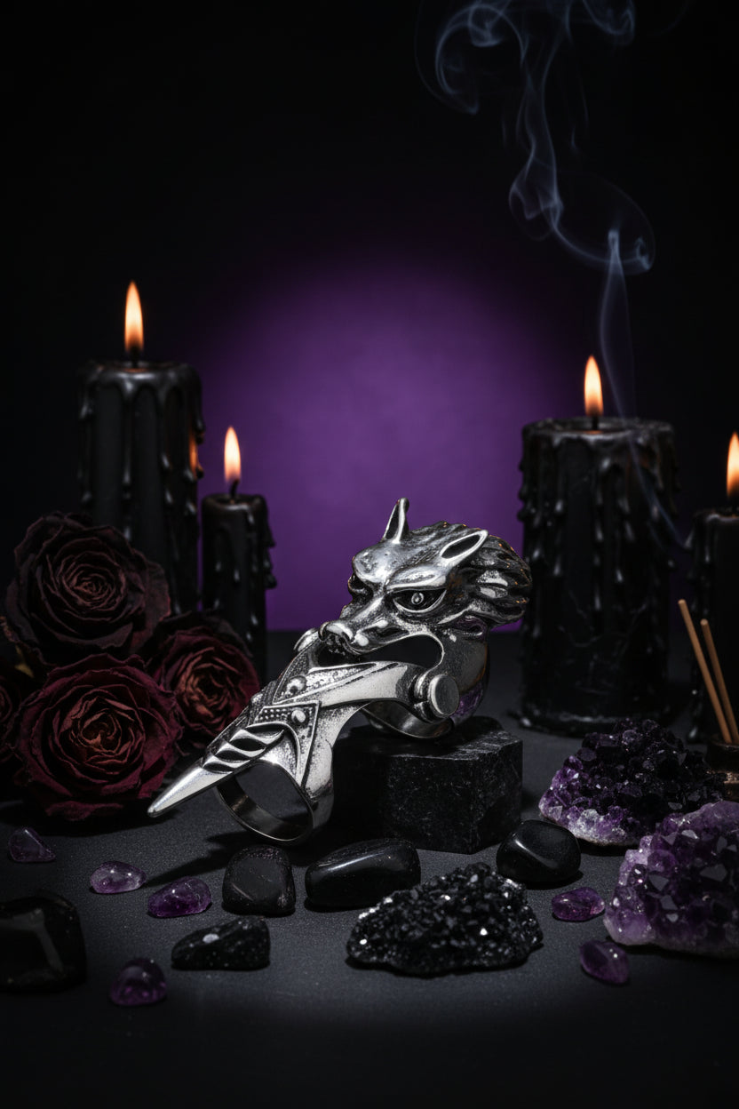 Alloy Long Ring with Rock Skull Dragon Design Sorceress Sanctuary