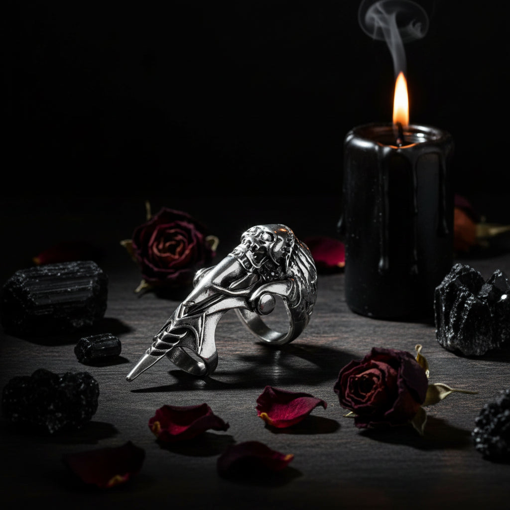 Alloy Long Ring with Rock Skull Dragon Design Sorceress Sanctuary
