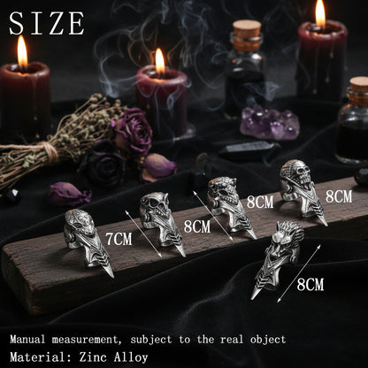Measurements of silver animal gothic knuckle rings with text indicating material as Zinc Alloy.