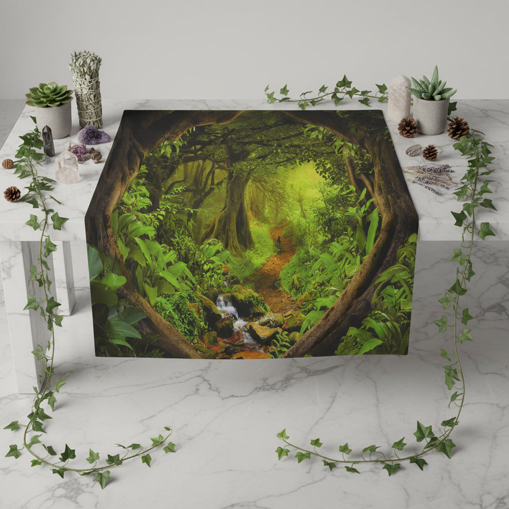 Tapestry depicting a lush green forest with a stream, hanging on a wall above a wooden floor.