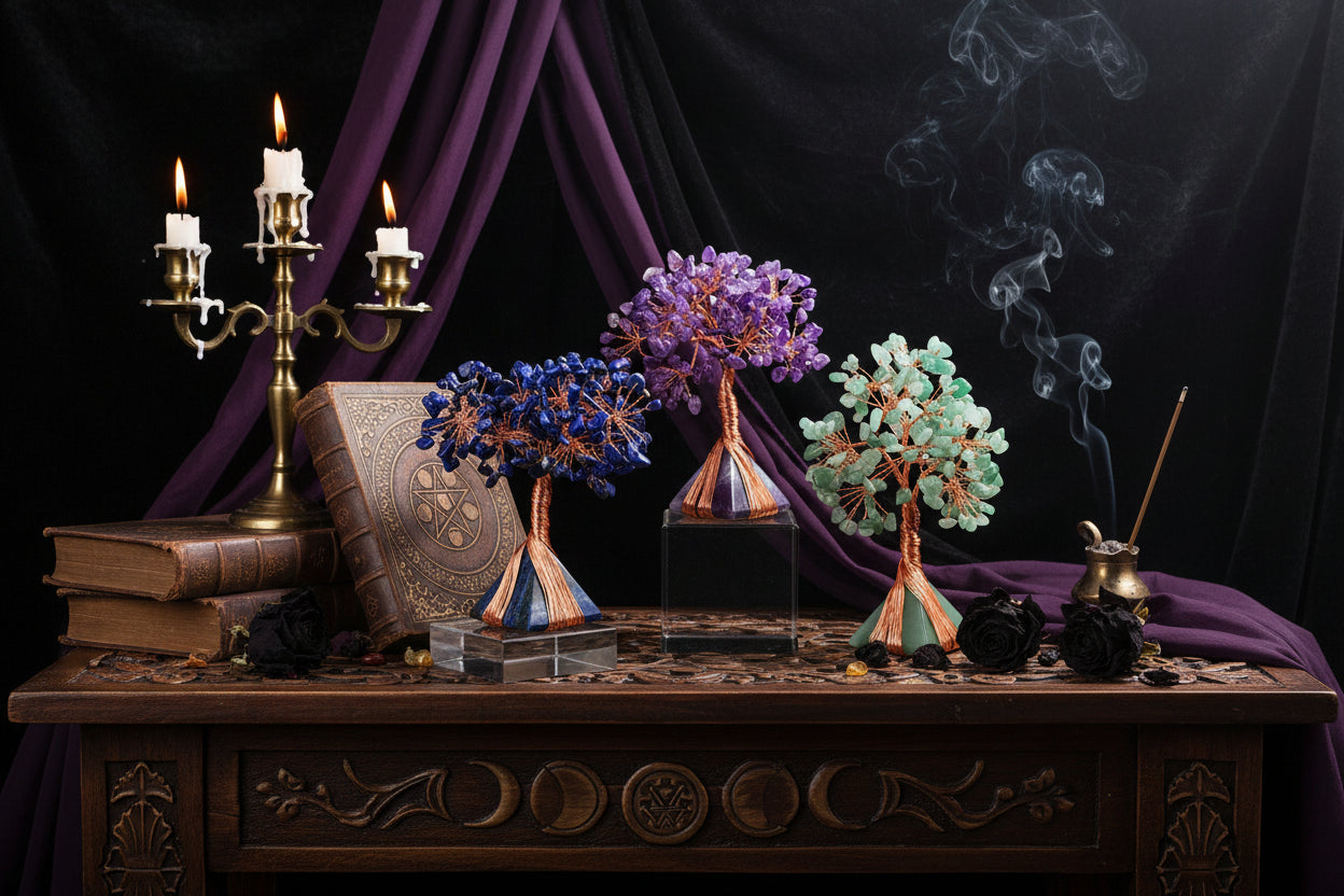 Crystal Pyramid Trees - Sorceress Sanctuary Amethyst + amethyst gravel / 4cm pyramid flower tree-Pink crystal + pink crystal gravel / 4cm pyramid flower tree-Lapis lazuli + lapis lazuli gravel / 4cm pyramid flower tree-Dongling Jade + Dongling Jade gravel / 4cm pyramid flower tree-Tiger Eye Stone + Tiger Eye Stone gravel / 4cm pyramid flower tree