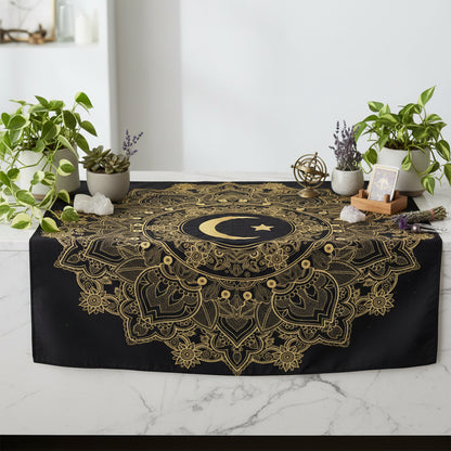 Digital Print Tapestry with Gold Moon Mandala Design Sorceress Sanctuary