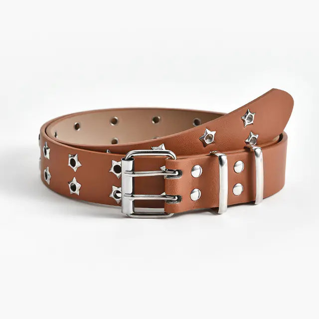 Brown leather belt with silver studs and buckle on a white background