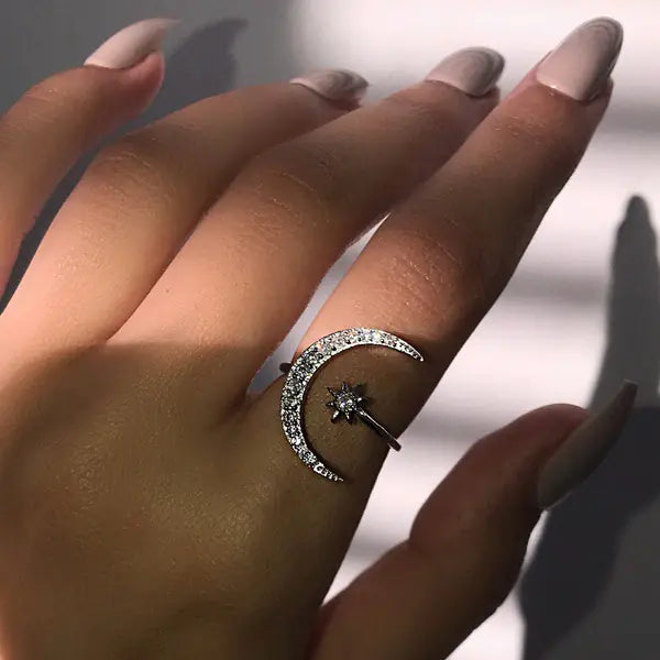 Crescent Moon Star Ring