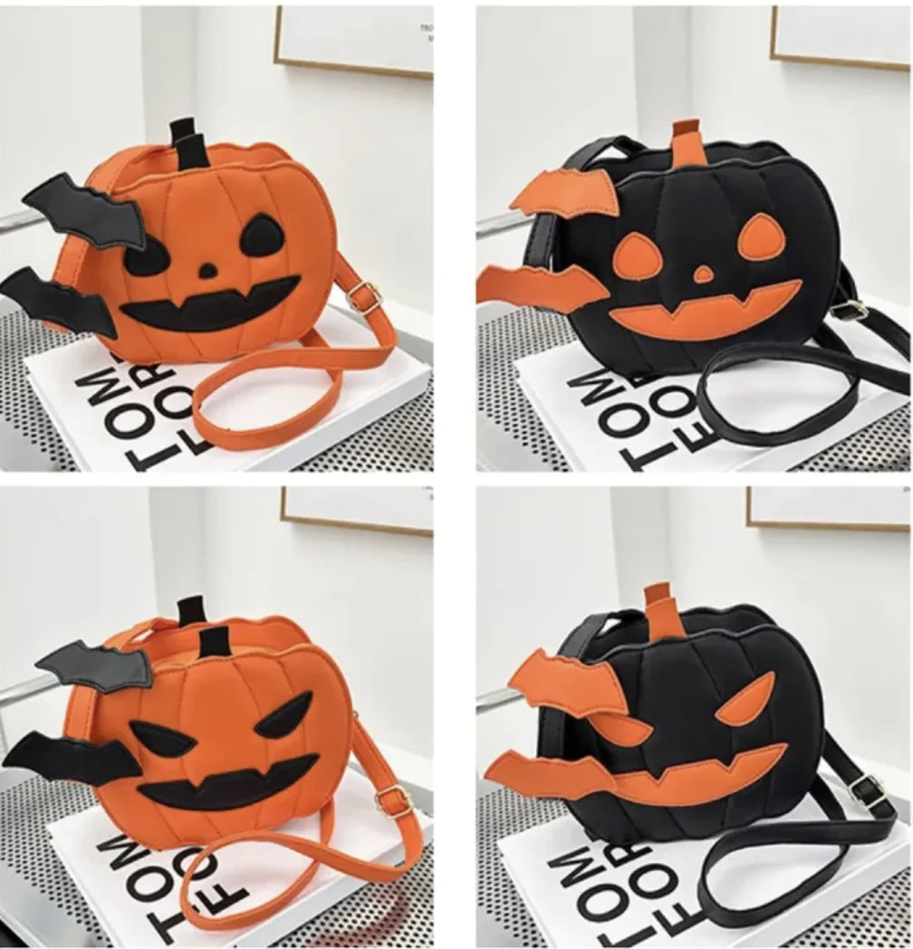 Four views of a Halloween-themed pumpkin bag with black accents on a white background.