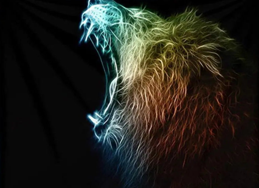 Colorful lion tapestry hanging on a wall above a white couch.