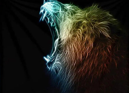 Colorful lion tapestry hanging on a wall above a white couch.