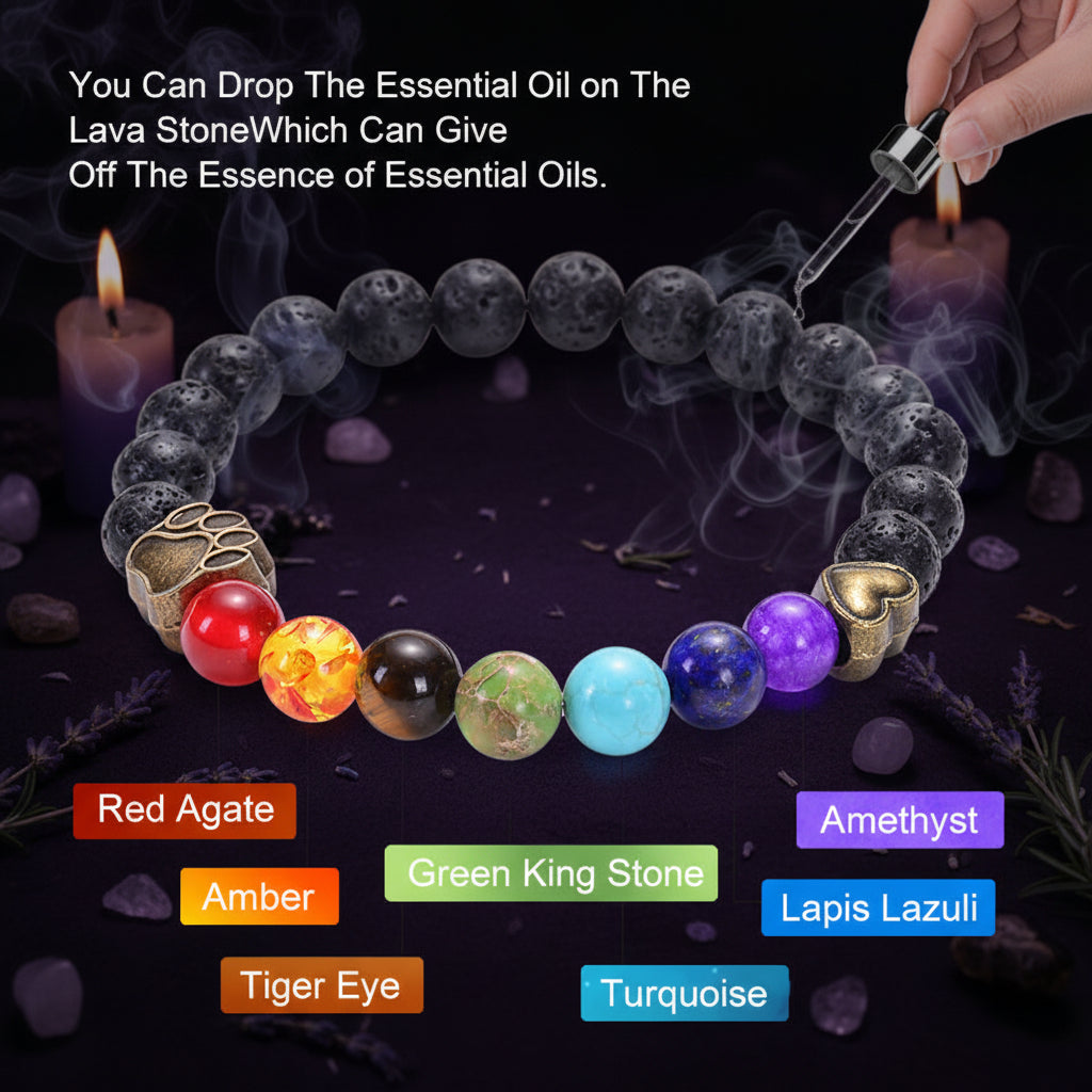 A beaded essential oil and chakra bracelet made of black lava stones with colored gemstone beads representing the seven chakras, shown on a white background with a hand holding a dropper and text labels identifying each bead.