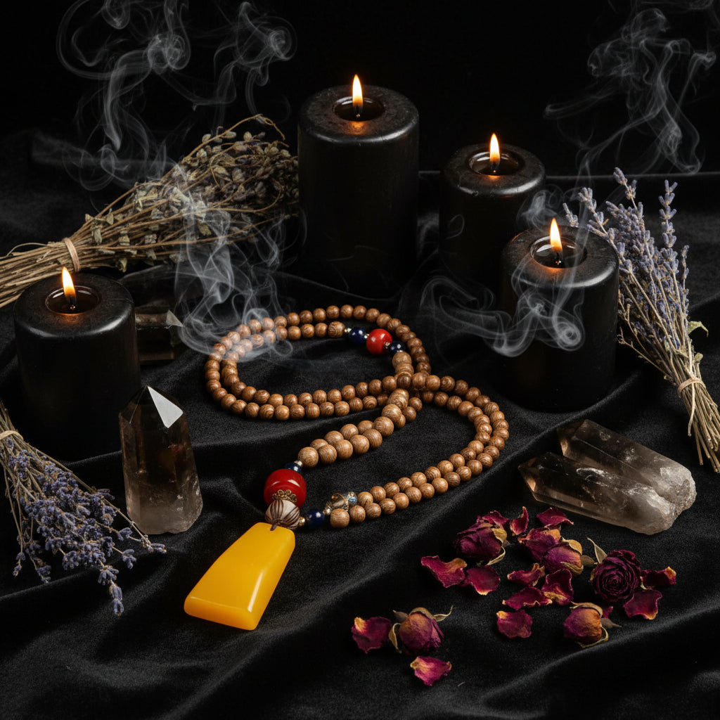 Tea pot with wooden beaded necklace on a textured brown background