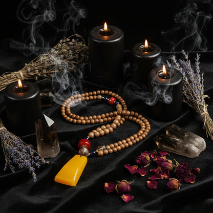 Tea pot with wooden beaded necklace on a textured brown background
