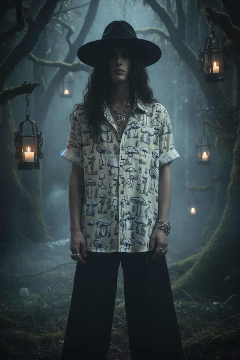 Short-sleeve shirt with mushroom pattern on a hanger against a white background