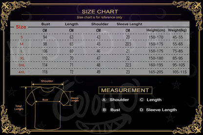 Size chart for clothing with measurements in centimeters and kilograms.