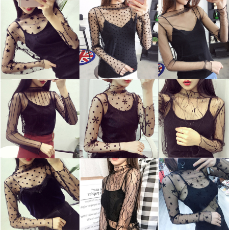 Sheer Lace Long Sleeve Crop Top Mesh Layering Piece