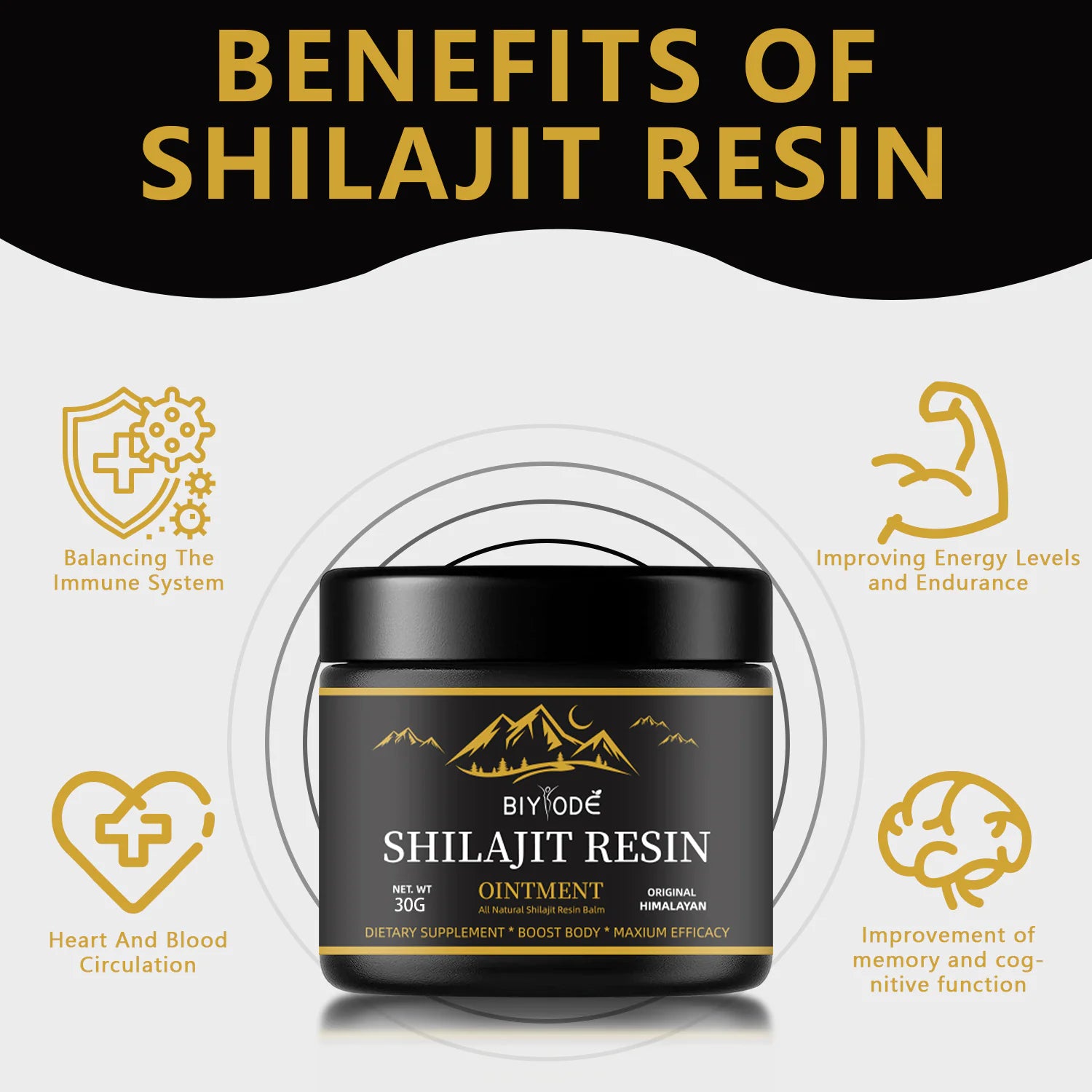 Shilajit resin ointment jar with benefits listed on a white background