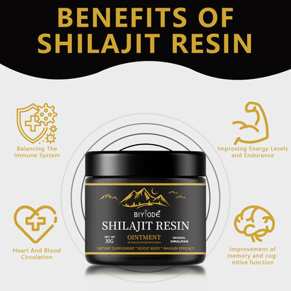 Shilajit resin ointment jar with benefits listed on a white background