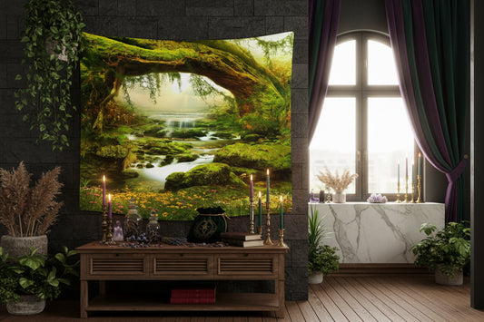 Nature-themed tapestry of a forest scene with a stream on a wall.