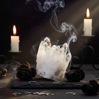 Clear crystal formation held between fingers against a black background