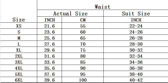 Table showing waist measurements in inches and centimeters for different suit sizes.
