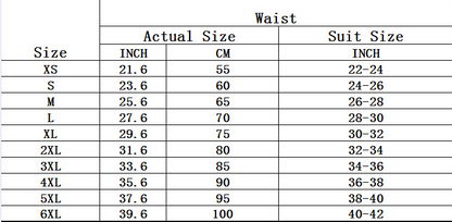 Table showing waist measurements in inches and centimeters for different suit sizes.