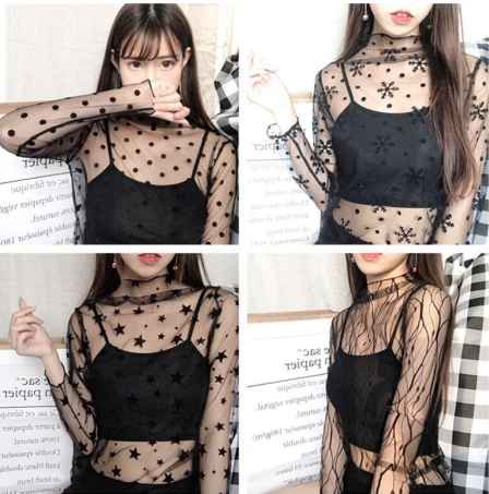 Sheer Lace Long Sleeve Crop Top Mesh Layering Piece
