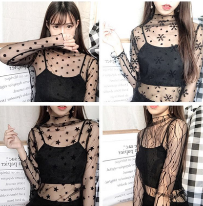 Sheer Lace Long Sleeve Crop Top Mesh Layering Piece