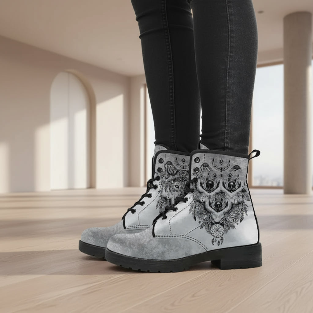 Gray boots with black and white tribal design worn by a person on a white background