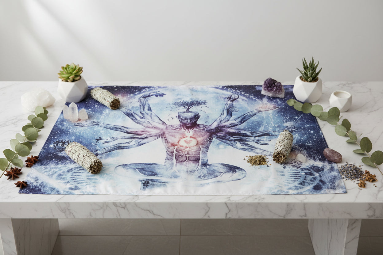 Tapestry with a cosmic design of a multi-armed figure in a living room.