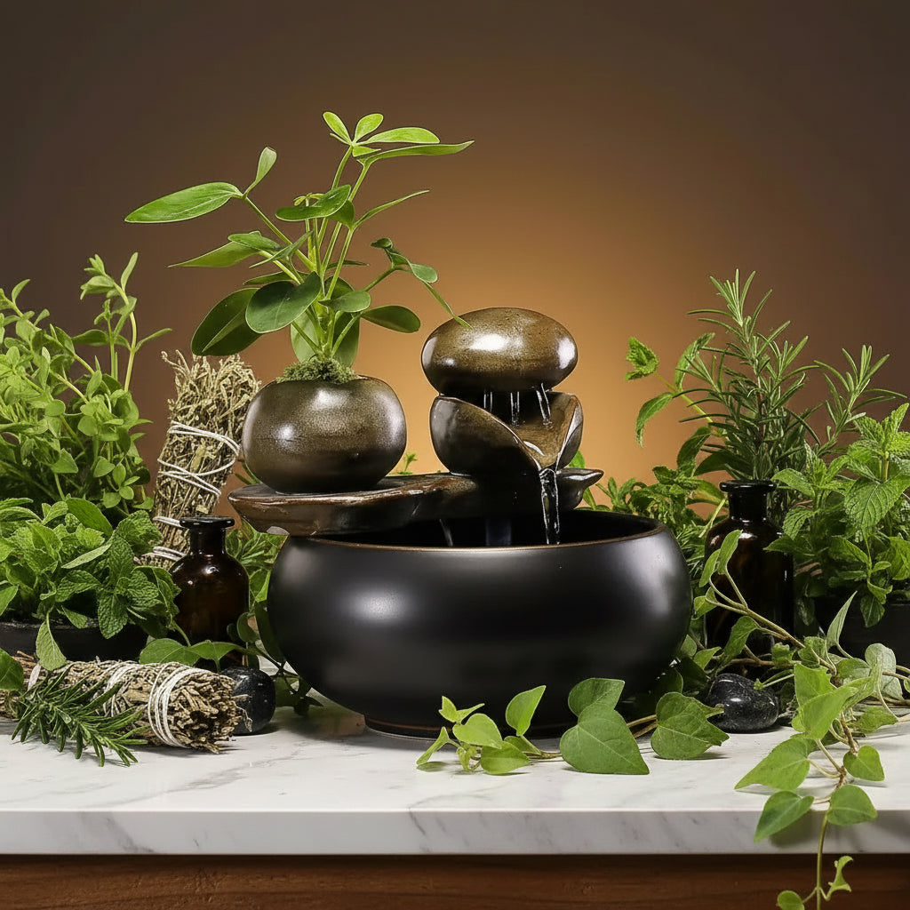 Decorative water fountain with rocks and a plant on a wooden surface