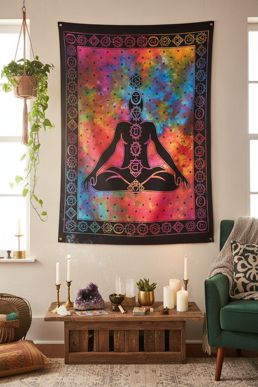 Tapestry with a meditating figure silhouette on a colorful tie-dye background