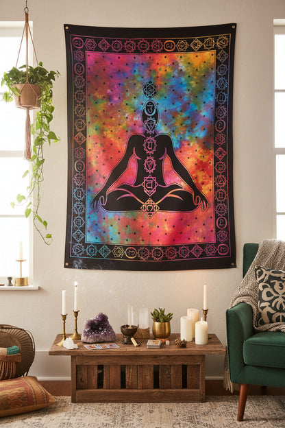 Tapestry with a meditating figure silhouette on a colorful tie-dye background