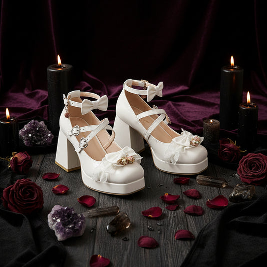 White lace-up platform shoes worn with sheer white socks on a wooden floor.