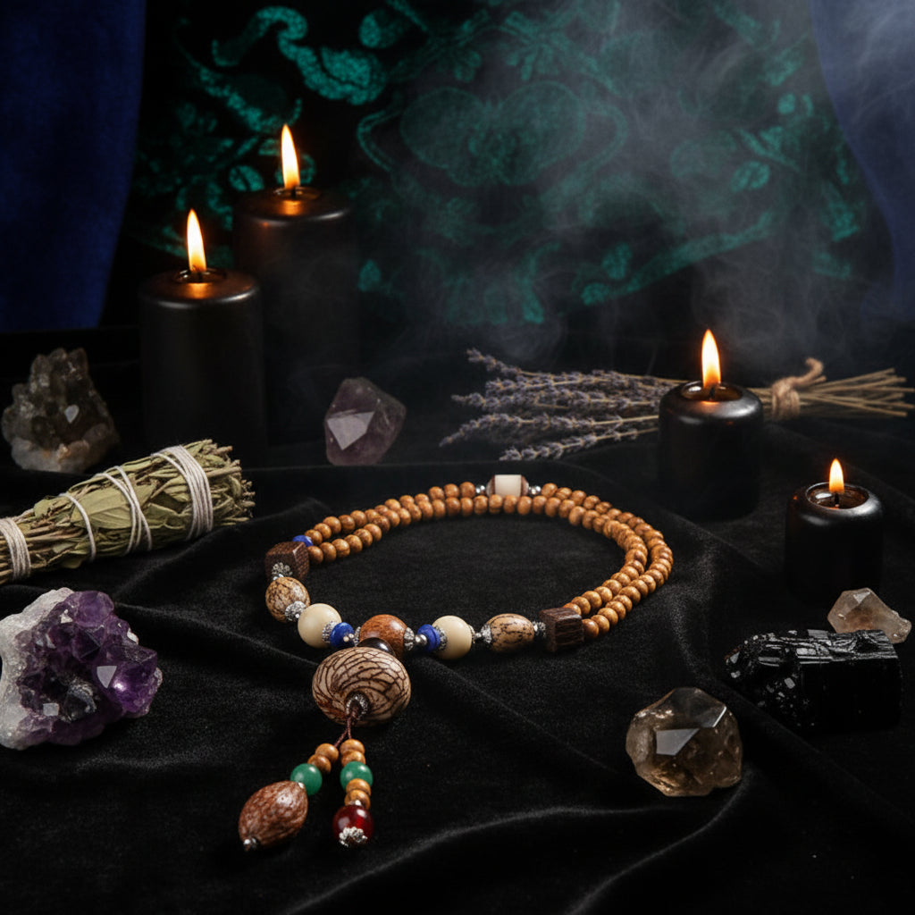 Wooden beaded necklace with decorative elements draped over a dark brown teapot on a textured brown fabric background.