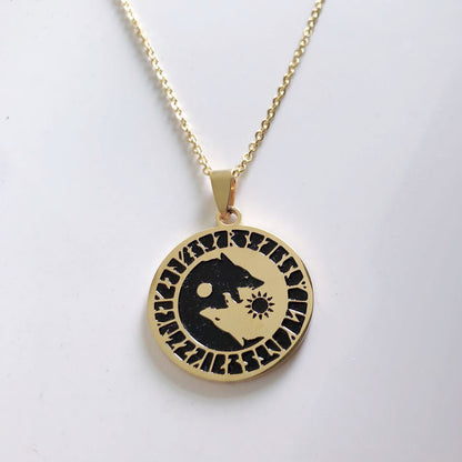Viking Wolf Head Sun Necklace in Stainless Steel