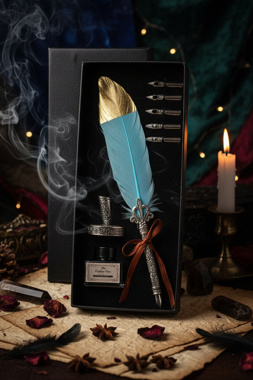 Decorative feather pen set with ink bottle and nibs in a box on a wooden surface.