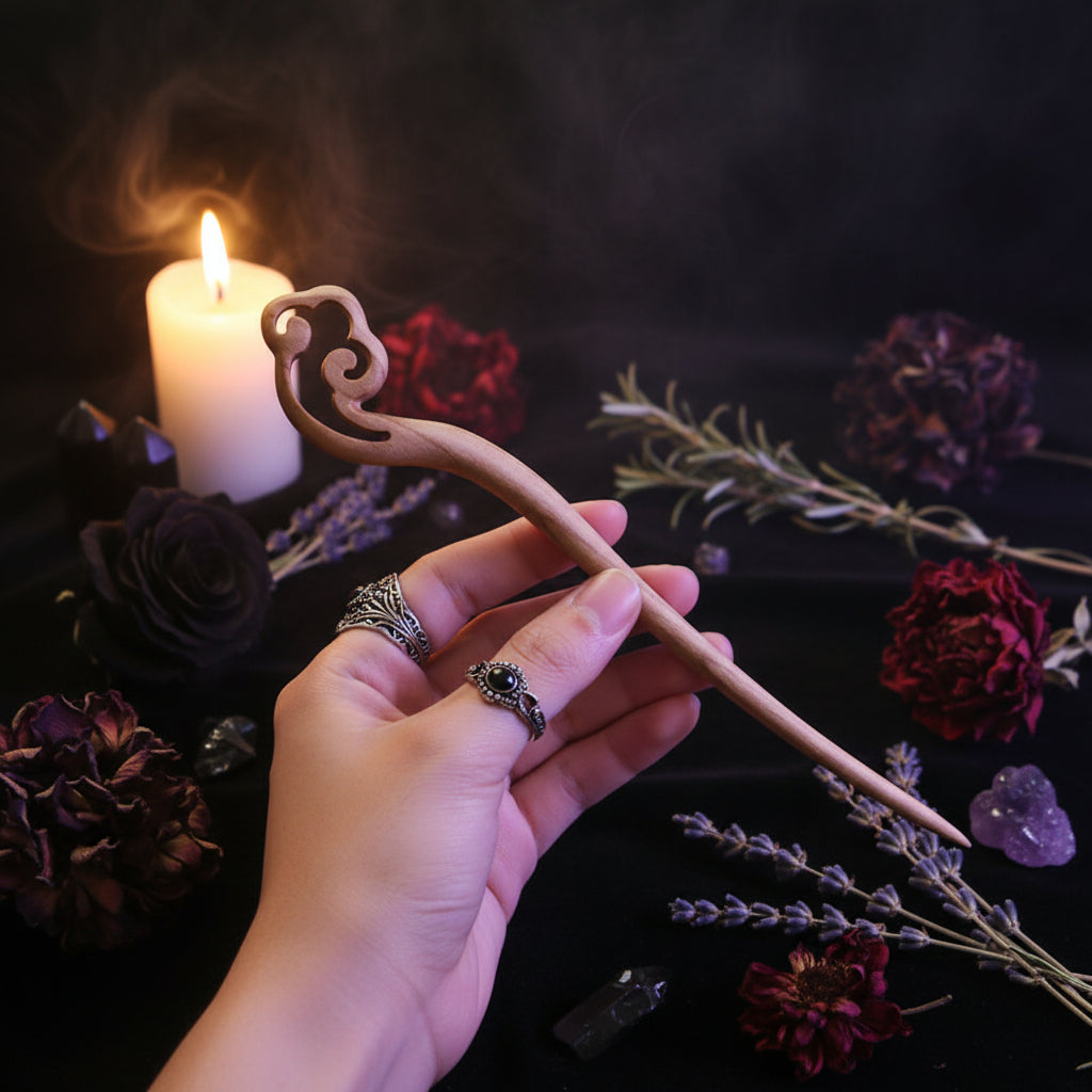 Hand holding a wooden hairpin against a black background