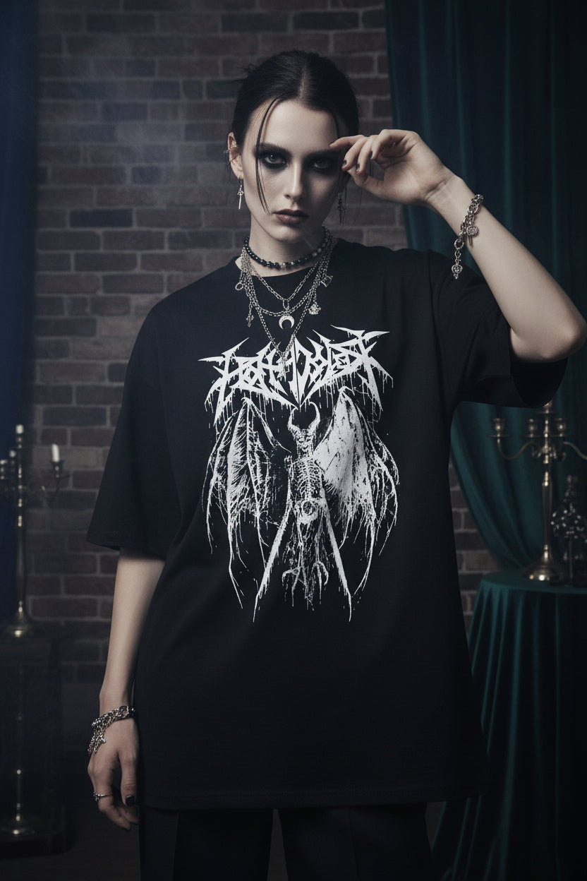Person wearing a black t-shirt with a white graphic design, holding a phone.