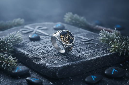 Silver and gold ring with an angel design on a white background