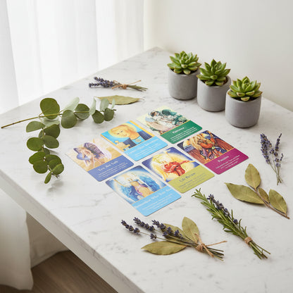 Set of tarot cards with colorful illustrations and text on a white background