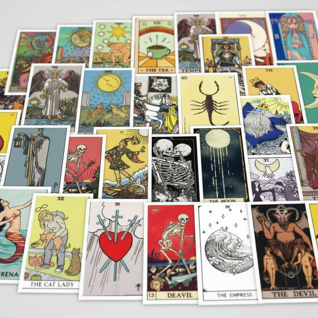 Collection of tarot cards with various designs and symbols on a white background.
