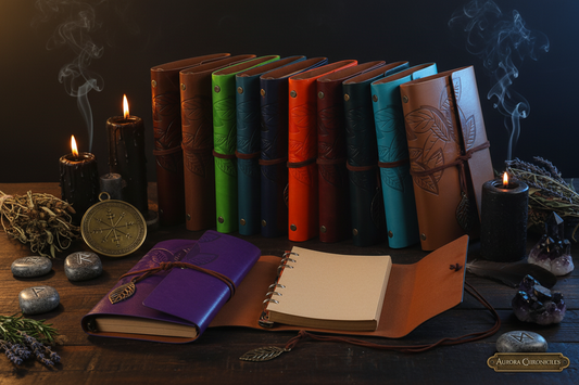 Assorted colorful leather-bound journals on a wooden surface