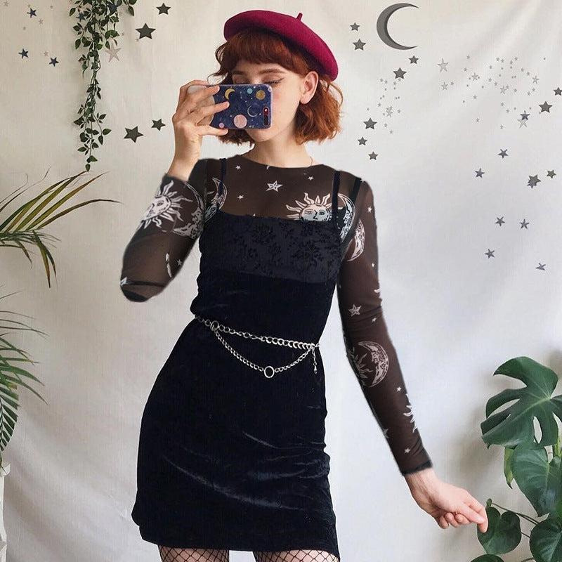 Gothic Long Sleeve Sheer Mesh Crop Top with Print