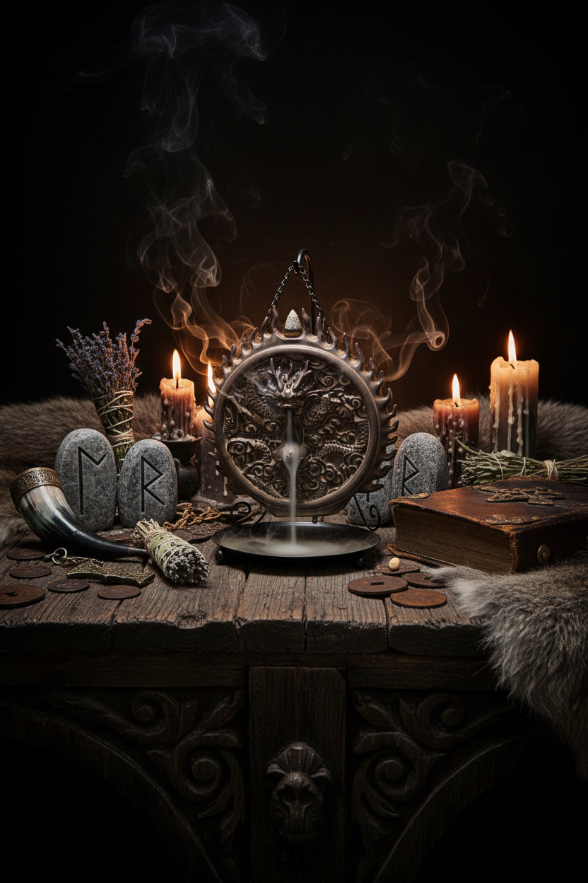 Decorative incense burner with intricate design and smoke on a wooden surface