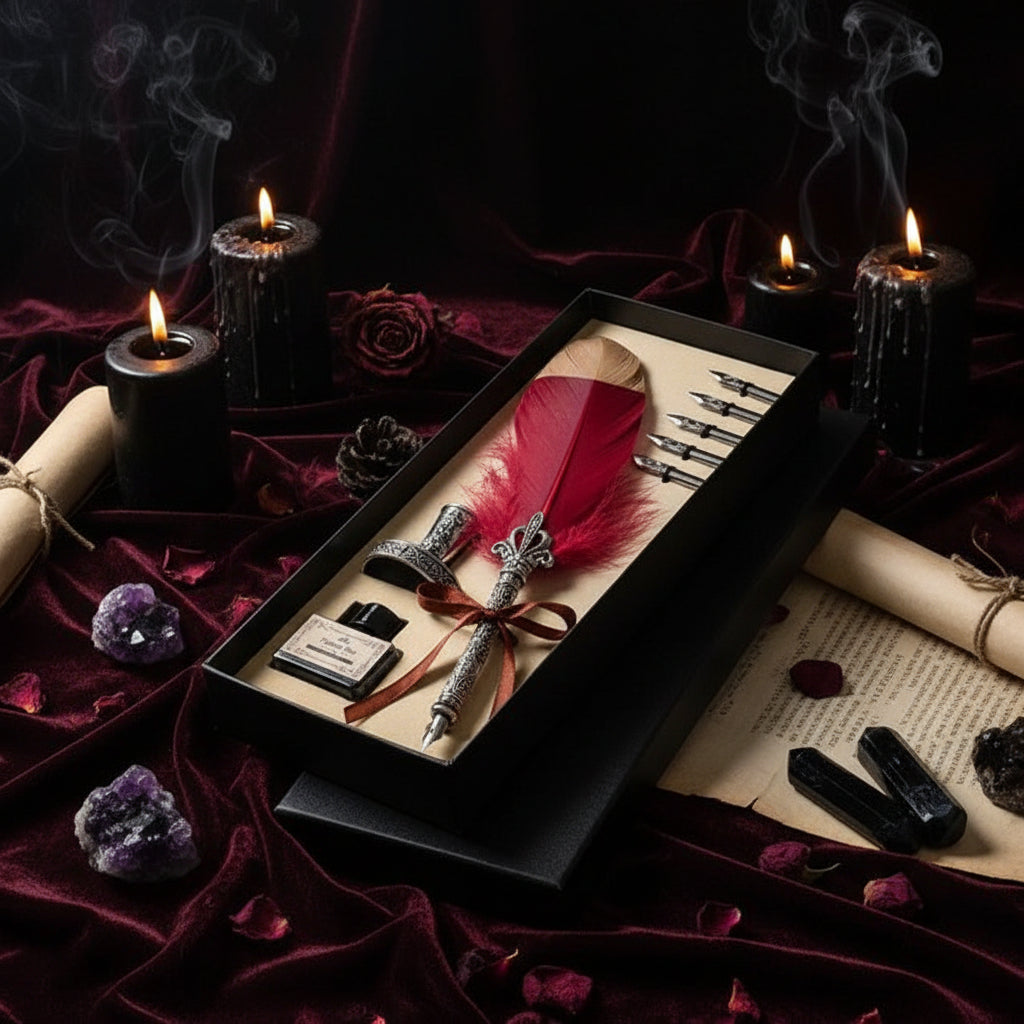 Feather quill pen set with ink bottle in a black box on a wooden surface.