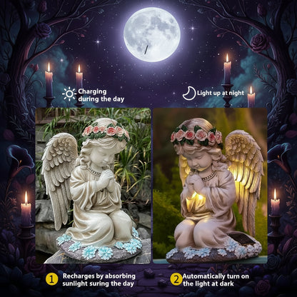 Solar-powered angel statue with built-in smart sensor chip, charging during the day and lighting up at night.