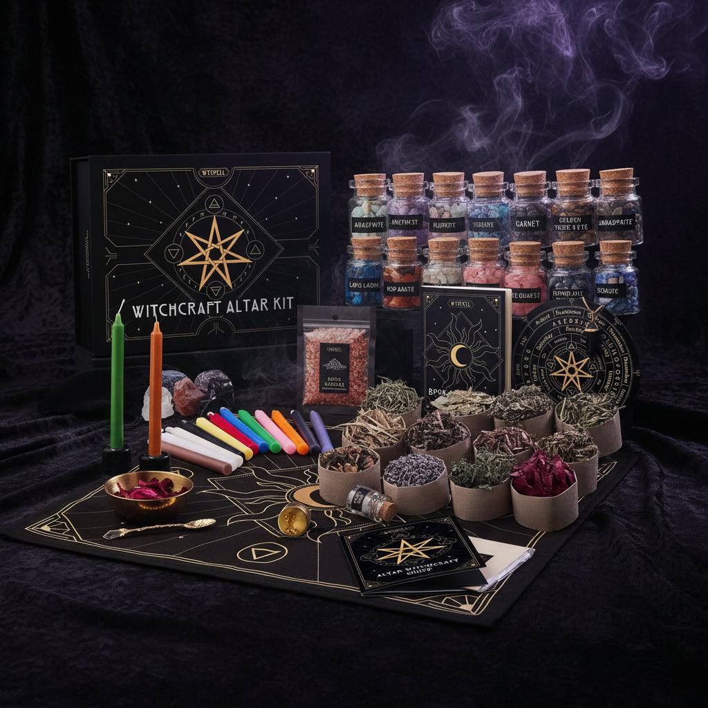 Witchcraft Altar Kit with various items including candles, crystals, and a black mat with star designs.