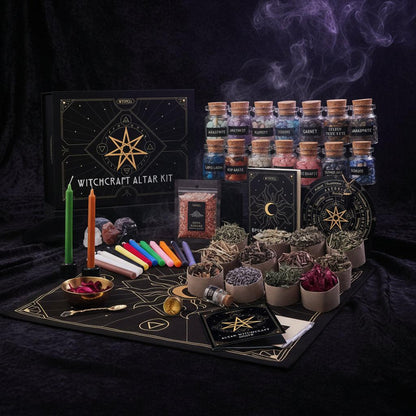 Witchcraft Altar Kit with various items including candles, crystals, and a black mat with star designs.