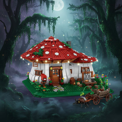 Toy building set with red mushroom-shaped roof, including 4 dolls and 2233 pieces.